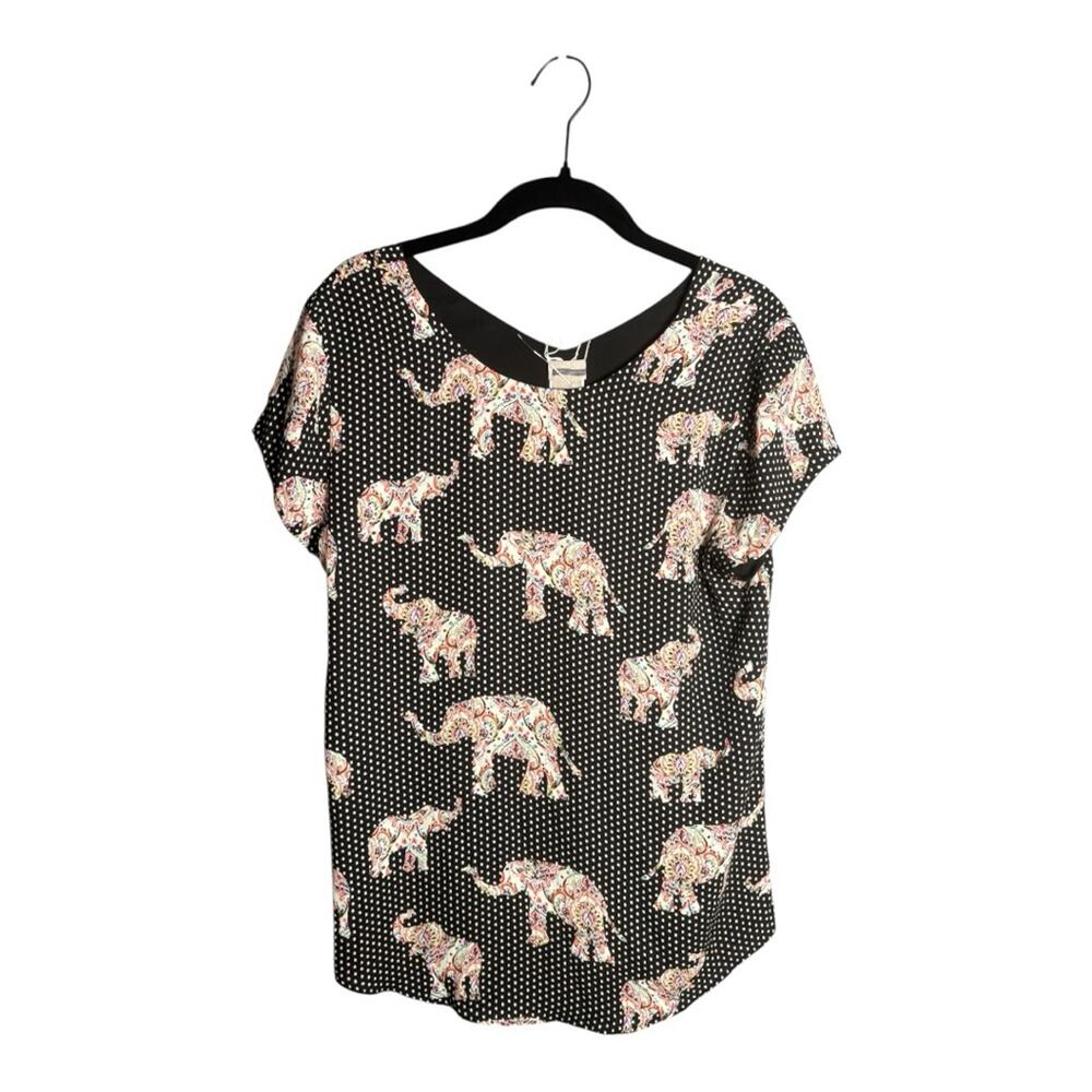 Chico’s Black White Polka Dot Blouse With Elephant Print 0